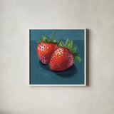 Strawberry Couple Portrait by Kate Jarvik Birch. Shown in a crisp white glass frame for a clean and minimalist style. Available as an archival giclee rolled canvas, fine art paper, or poster print. SKU 98535a.