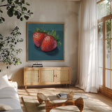 Strawberry Couple Portrait by Kate Jarvik Birch. Shown in a natural wood frame in a cozy modern living room. Available as an archival giclee rolled canvas, fine art paper, or poster print. SKU 98535a.