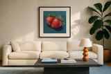 Strawberry Couple Portrait by Kate Jarvik Birch. Displayed in a glass frame with matte in a clean modern living room. Available as an archival giclee rolled canvas, fine art paper, or poster print. SKU 98535a.