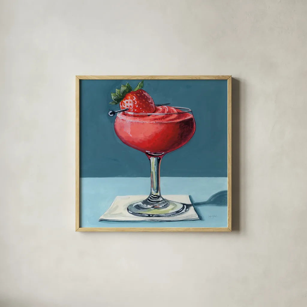 Strawberry Daquori by Kate Jarvik Birch. Shown in a natural wood glass frame for a timeless modern aesthetic. Available as an archival giclee rolled canvas, fine art paper, or poster print. SKU 98614a.