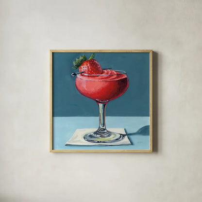 Strawberry Daquori by Kate Jarvik Birch. Shown in a natural wood glass frame for a timeless modern aesthetic. Available as an archival giclee rolled canvas, fine art paper, or poster print. SKU 98614a.