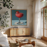 Strawberry Daquori by Kate Jarvik Birch. Shown in a natural wood frame in a cozy modern living room. Available as an archival giclee rolled canvas, fine art paper, or poster print. SKU 98614a.