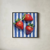 Stripe Cloth Berries by Kate Jarvik Birch. Shown in a sleek black glass frame for a contemporary gallery look. Available as an archival giclee rolled canvas, fine art paper, or poster print. SKU 99767a.