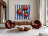 Stripe Cloth Berries by Kate Jarvik Birch. Shown as extra-large giant wall art in a modern living room. Available as an archival giclee rolled canvas, fine art paper, or poster print. SKU 99767a.