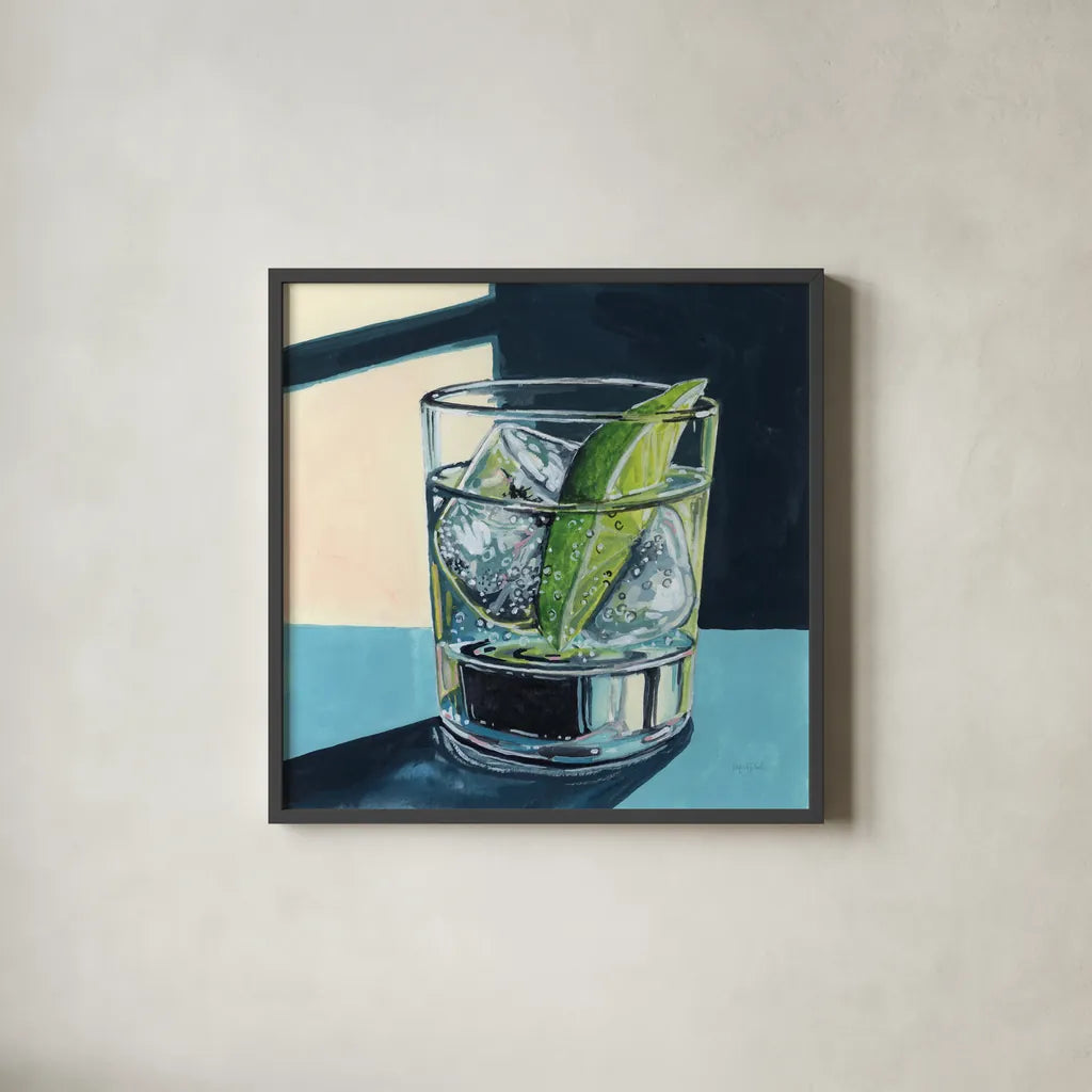 Strong Gin and Tonic I by Kate Jarvik Birch. Shown in a sleek black glass frame for a contemporary gallery look. Available as an archival giclee rolled canvas, fine art paper, or poster print. SKU 98621a.