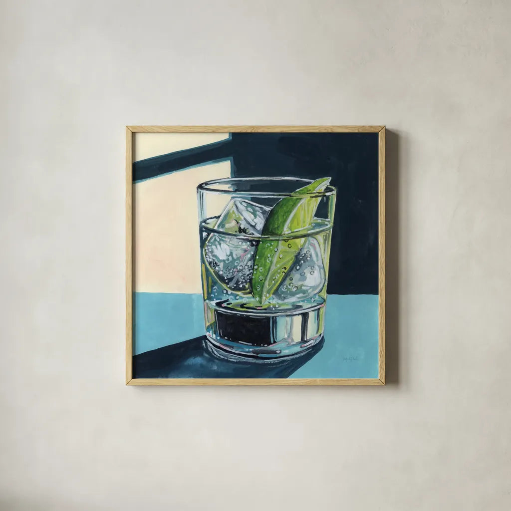 Strong Gin and Tonic I by Kate Jarvik Birch. Shown in a natural wood glass frame for a timeless modern aesthetic. Available as an archival giclee rolled canvas, fine art paper, or poster print. SKU 98621a.