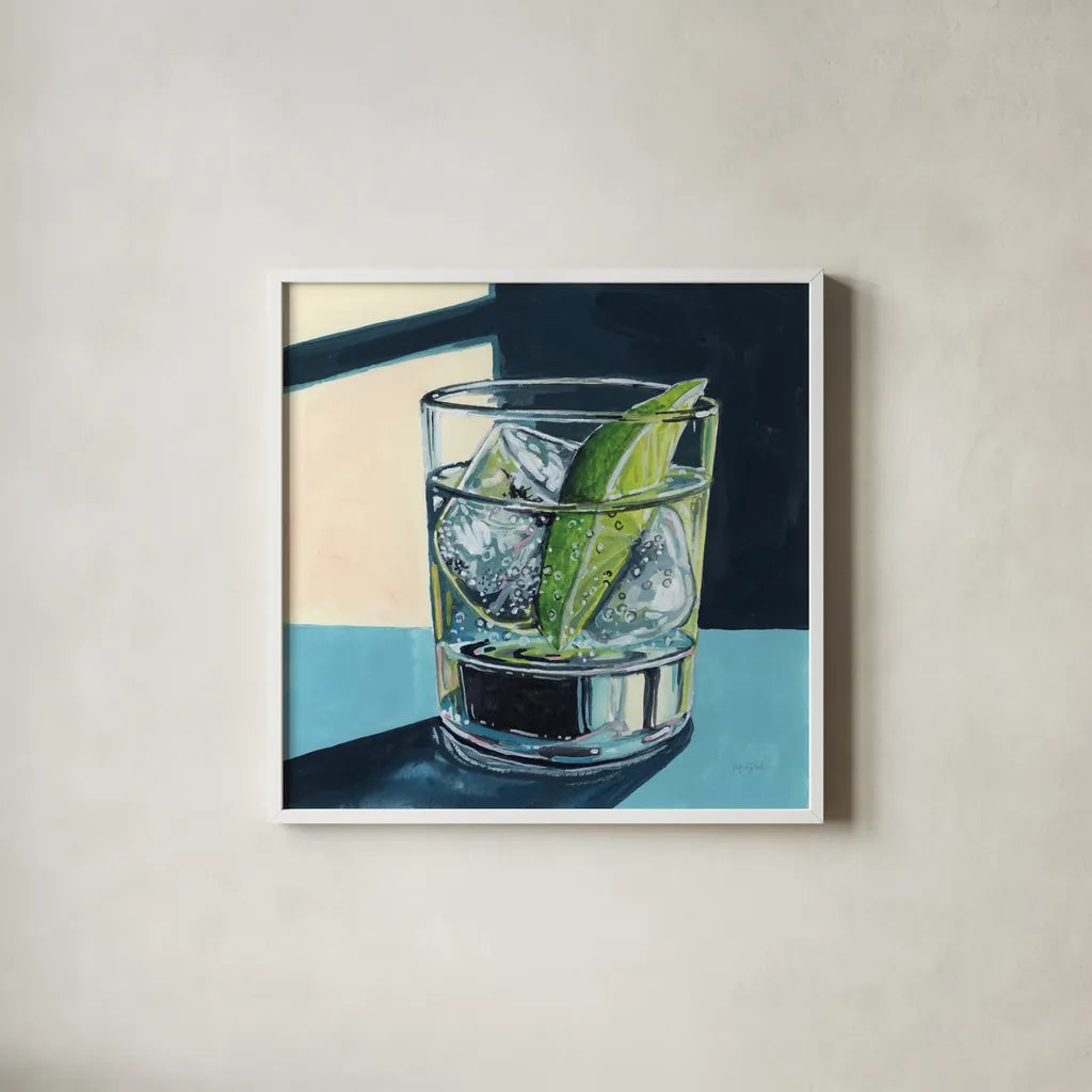 Strong Gin and Tonic I by Kate Jarvik Birch. Shown in a crisp white glass frame for a clean and minimalist style. Available as an archival giclee rolled canvas, fine art paper, or poster print. SKU 98621a.