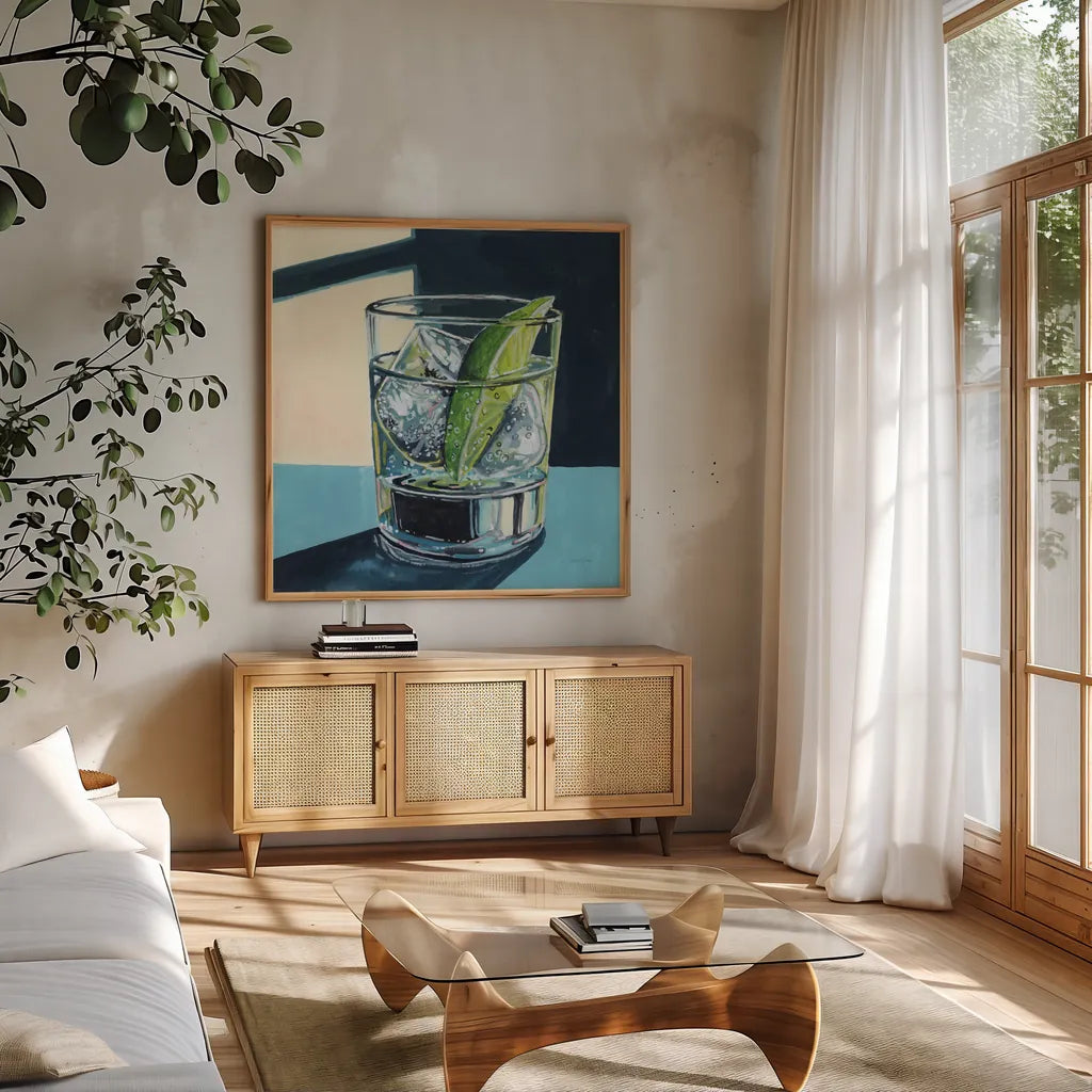 Strong Gin and Tonic I by Kate Jarvik Birch. Shown in a natural wood frame in a cozy modern living room. Available as an archival giclee rolled canvas, fine art paper, or poster print. SKU 98621a.