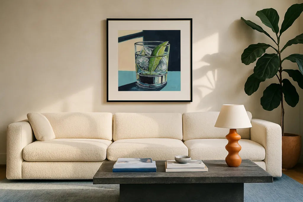 Strong Gin and Tonic I by Kate Jarvik Birch. Displayed in a glass frame with matte in a clean modern living room. Available as an archival giclee rolled canvas, fine art paper, or poster print. SKU 98621a.