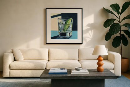 Strong Gin and Tonic I by Kate Jarvik Birch. Displayed in a glass frame with matte in a clean modern living room. Available as an archival giclee rolled canvas, fine art paper, or poster print. SKU 98621a.