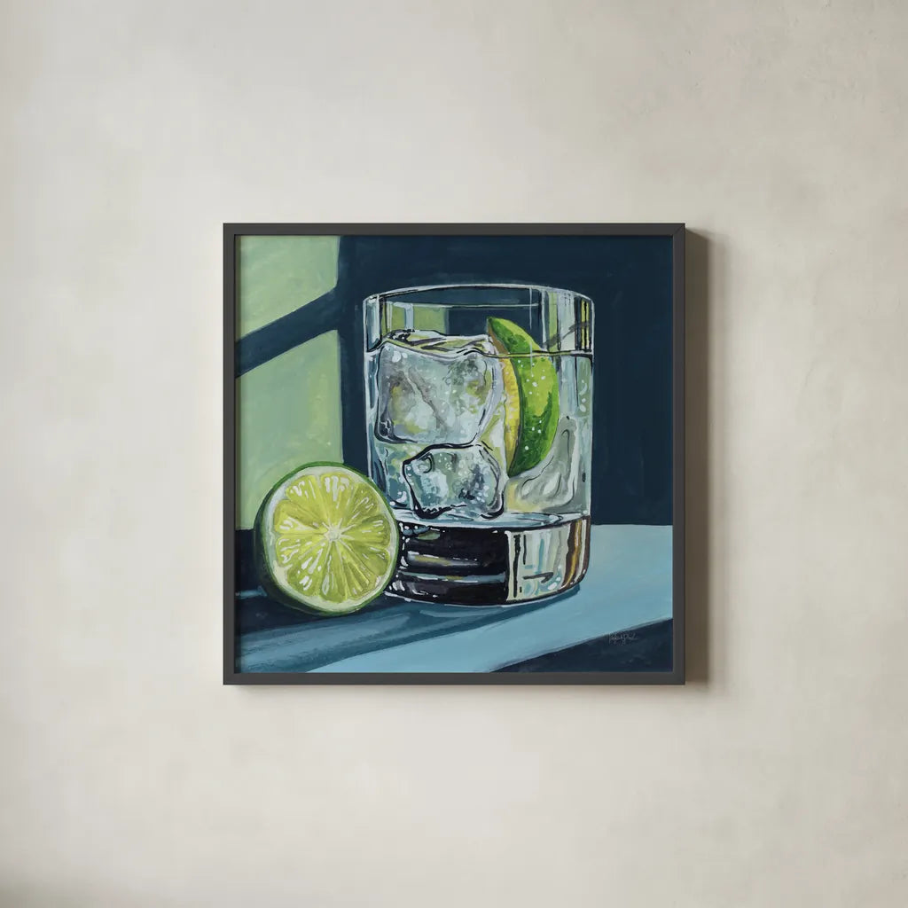 Strong Gin and Tonic II by Kate Jarvik Birch. Shown in a sleek black glass frame for a contemporary gallery look. Available as an archival giclee rolled canvas, fine art paper, or poster print. SKU 98622a.