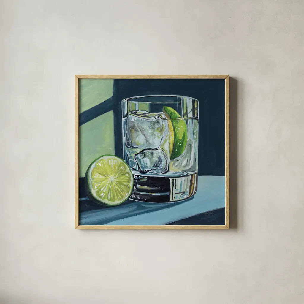 Strong Gin and Tonic II by Kate Jarvik Birch. Shown in a natural wood glass frame for a timeless modern aesthetic. Available as an archival giclee rolled canvas, fine art paper, or poster print. SKU 98622a.