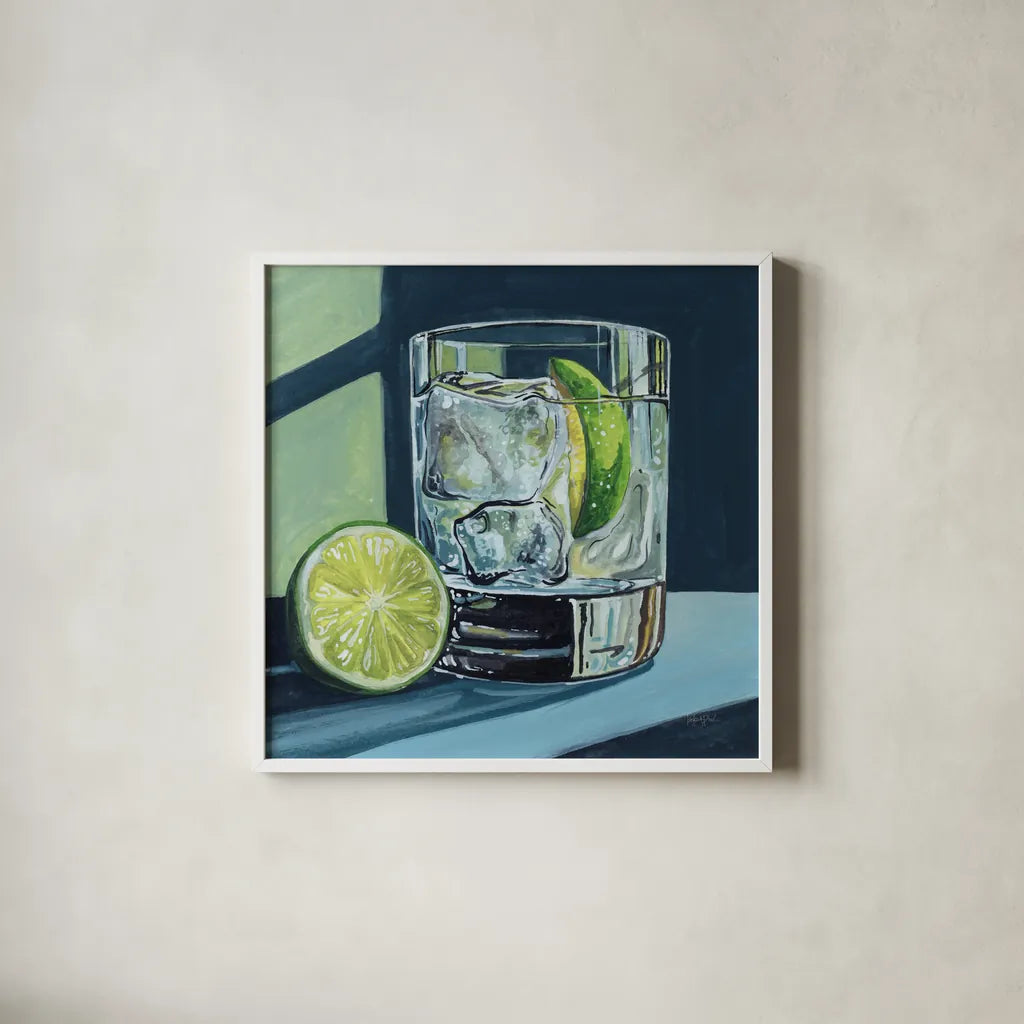 Strong Gin and Tonic II by Kate Jarvik Birch. Shown in a crisp white glass frame for a clean and minimalist style. Available as an archival giclee rolled canvas, fine art paper, or poster print. SKU 98622a.