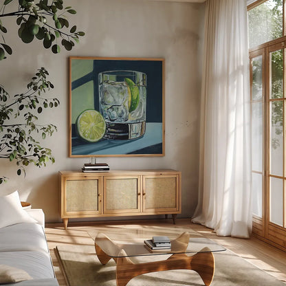 Strong Gin and Tonic II by Kate Jarvik Birch. Shown in a natural wood frame in a cozy modern living room. Available as an archival giclee rolled canvas, fine art paper, or poster print. SKU 98622a.
