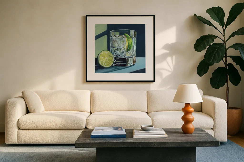 Strong Gin and Tonic II by Kate Jarvik Birch. Displayed in a glass frame with matte in a clean modern living room. Available as an archival giclee rolled canvas, fine art paper, or poster print. SKU 98622a.