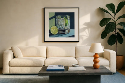 Strong Gin and Tonic II by Kate Jarvik Birch. Displayed in a glass frame with matte in a clean modern living room. Available as an archival giclee rolled canvas, fine art paper, or poster print. SKU 98622a.