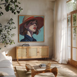Sunny Summer Day Out by Kate Jarvik Birch. Shown in a natural wood frame in a cozy modern living room. Available as an archival giclee rolled canvas, fine art paper, or poster print. SKU 101990a.