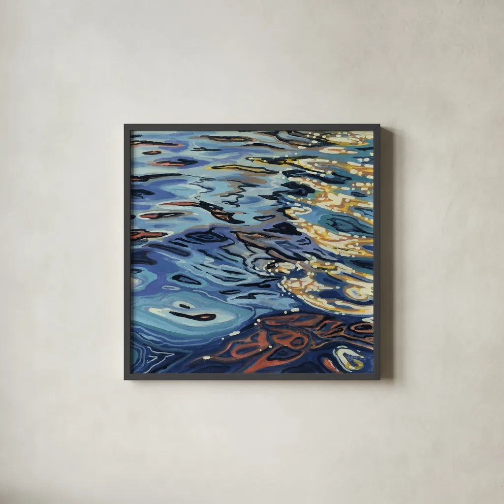 Sunrise on Rippling Water by Kate Jarvik Birch. Shown in a sleek black glass frame for a contemporary gallery look. Available as an archival giclee rolled canvas, fine art paper, or poster print. SKU 98606a.