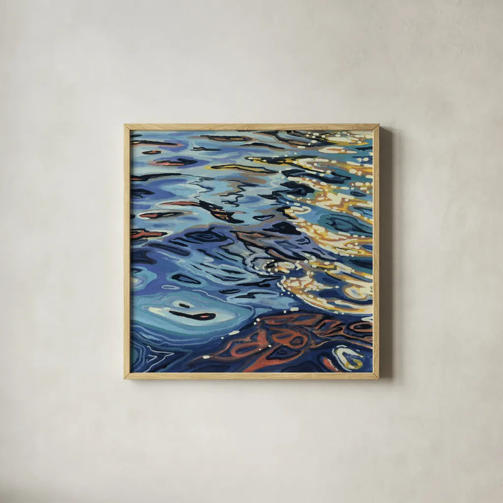Sunrise on Rippling Water by Kate Jarvik Birch. Shown in a natural wood glass frame for a timeless modern aesthetic. Available as an archival giclee rolled canvas, fine art paper, or poster print. SKU 98606a.