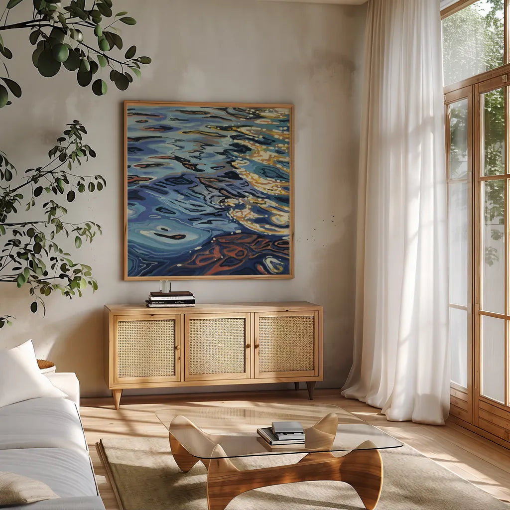 Sunrise on Rippling Water by Kate Jarvik Birch. Shown in a natural wood frame in a cozy modern living room. Available as an archival giclee rolled canvas, fine art paper, or poster print. SKU 98606a.