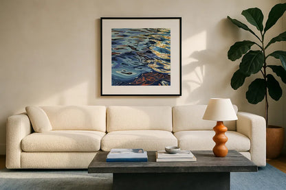 Sunrise on Rippling Water by Kate Jarvik Birch. Displayed in a glass frame with matte in a clean modern living room. Available as an archival giclee rolled canvas, fine art paper, or poster print. SKU 98606a.