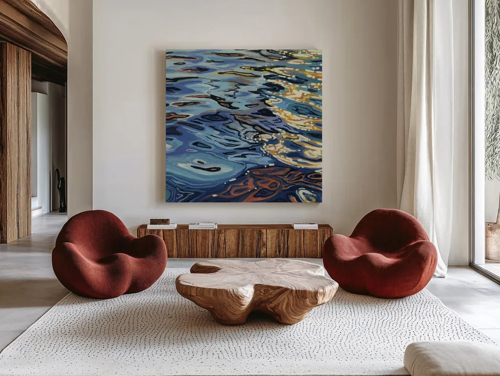 Sunrise on Rippling Water by Kate Jarvik Birch. Shown as extra-large giant wall art in a modern living room. Available as an archival giclee rolled canvas, fine art paper, or poster print. SKU 98606a.