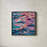 Sunset Reflections on Water by Kate Jarvik Birch. Shown in a sleek black glass frame for a contemporary gallery look. Available as an archival giclee rolled canvas, fine art paper, or poster print. SKU 99554a.