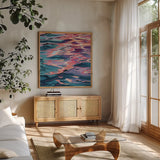 Sunset Reflections on Water by Kate Jarvik Birch. Shown in a natural wood frame in a cozy modern living room. Available as an archival giclee rolled canvas, fine art paper, or poster print. SKU 99554a.