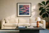 Sunset Reflections on Water by Kate Jarvik Birch. Displayed in a glass frame with matte in a clean modern living room. Available as an archival giclee rolled canvas, fine art paper, or poster print. SKU 99554a.