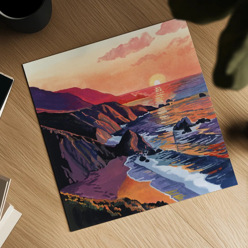 Sunset on The Sandy Dune by Kate Jarvik Birch. Shown as a detailed flat fine art print, highlighting archival giclee quality. Available as an archival giclee rolled canvas, fine art paper, or poster print. SKU 99559a.