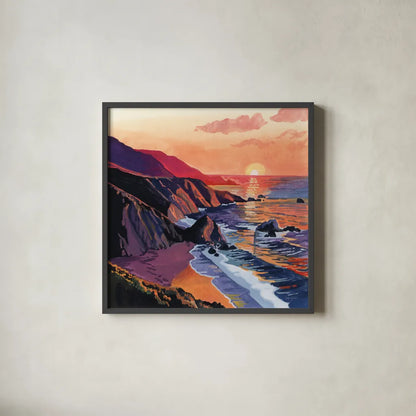 Sunset on The Sandy Dune by Kate Jarvik Birch. Shown in a sleek black glass frame for a contemporary gallery look. Available as an archival giclee rolled canvas, fine art paper, or poster print. SKU 99559a.