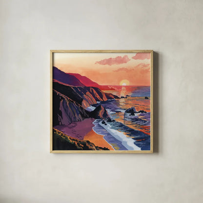 Sunset on The Sandy Dune by Kate Jarvik Birch. Shown in a natural wood glass frame for a timeless modern aesthetic. Available as an archival giclee rolled canvas, fine art paper, or poster print. SKU 99559a.