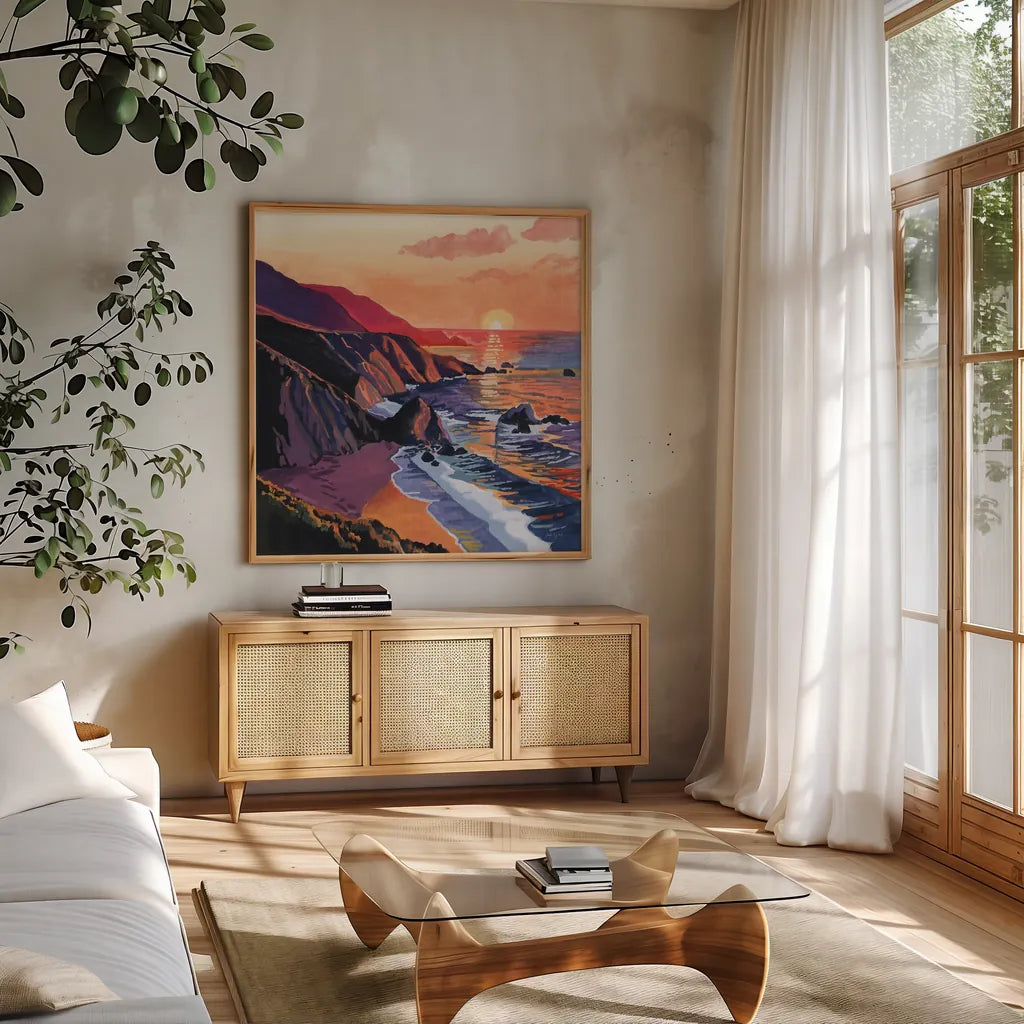 Sunset on The Sandy Dune by Kate Jarvik Birch. Shown in a natural wood frame in a cozy modern living room. Available as an archival giclee rolled canvas, fine art paper, or poster print. SKU 99559a.