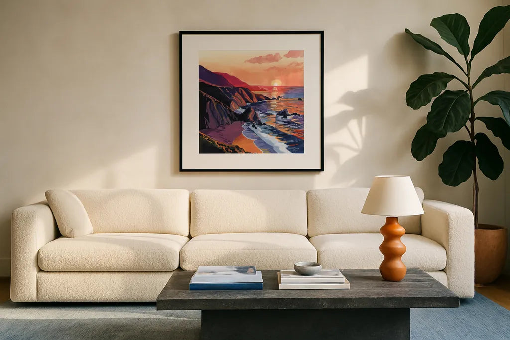 Sunset on The Sandy Dune by Kate Jarvik Birch. Displayed in a glass frame with matte in a clean modern living room. Available as an archival giclee rolled canvas, fine art paper, or poster print. SKU 99559a.