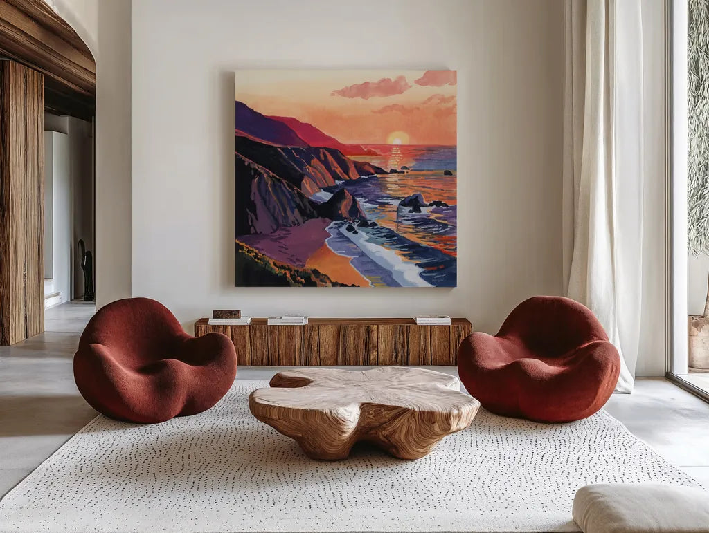 Sunset on The Sandy Dune by Kate Jarvik Birch. Shown as extra-large giant wall art in a modern living room. Available as an archival giclee rolled canvas, fine art paper, or poster print. SKU 99559a.