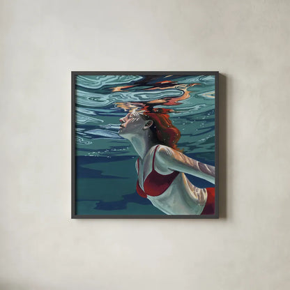 Swimming To The Surface by Kate Jarvik Birch. Shown in a sleek black glass frame for a contemporary gallery look. Available as an archival giclee rolled canvas, fine art paper, or poster print. SKU 98537a.