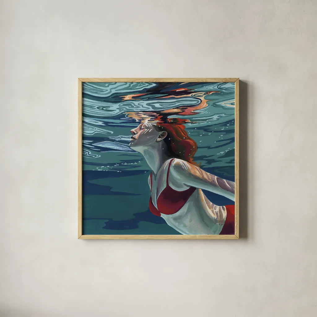 Swimming To The Surface by Kate Jarvik Birch. Shown in a natural wood glass frame for a timeless modern aesthetic. Available as an archival giclee rolled canvas, fine art paper, or poster print. SKU 98537a.
