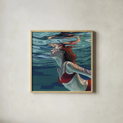 Swimming To The Surface by Kate Jarvik Birch. Shown in a natural wood glass frame for a timeless modern aesthetic. Available as an archival giclee rolled canvas, fine art paper, or poster print. SKU 98537a.