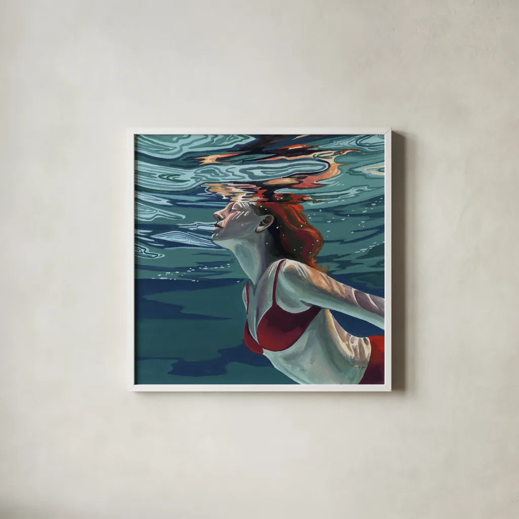 Swimming To The Surface by Kate Jarvik Birch. Shown in a crisp white glass frame for a clean and minimalist style. Available as an archival giclee rolled canvas, fine art paper, or poster print. SKU 98537a.