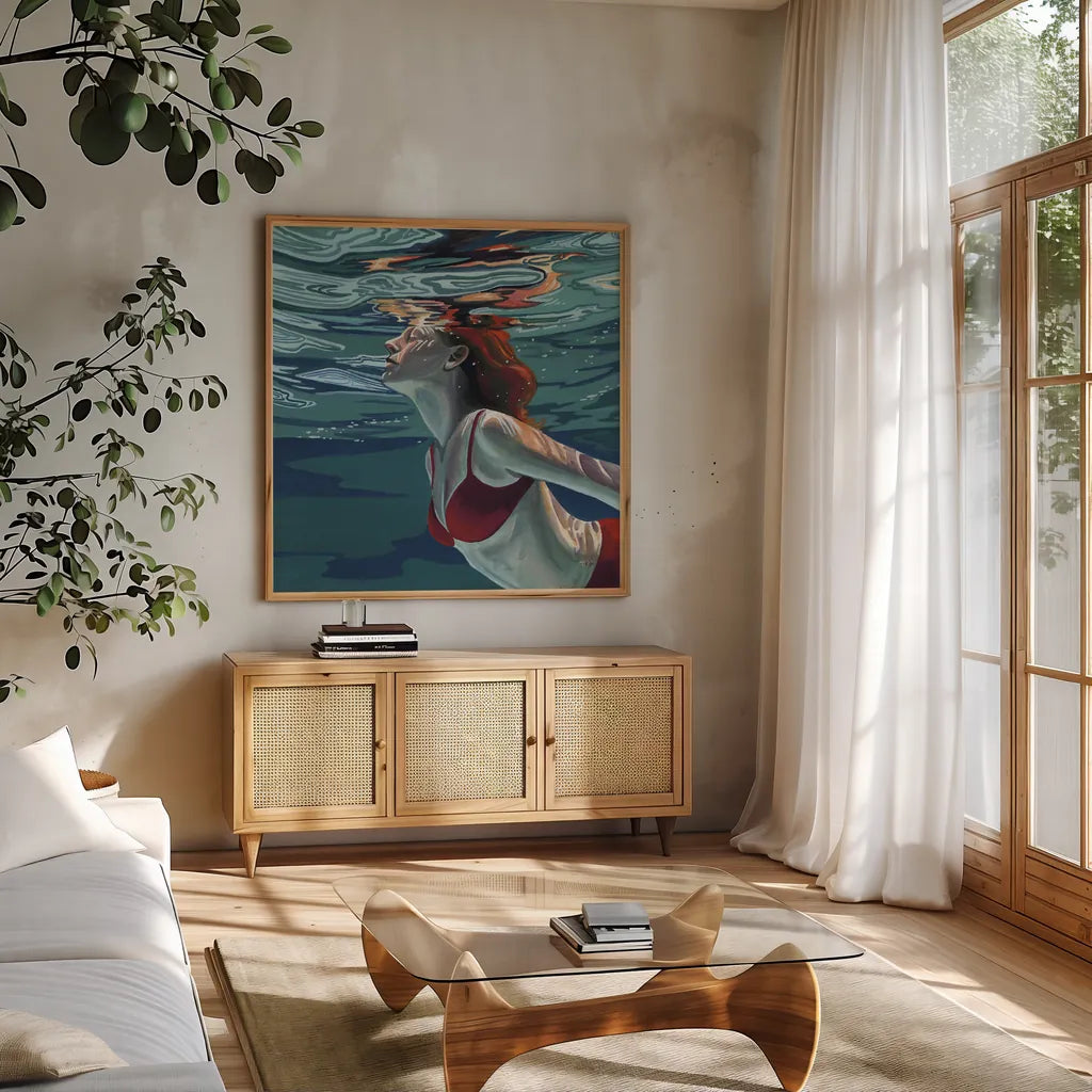 Swimming To The Surface by Kate Jarvik Birch. Shown in a natural wood frame in a cozy modern living room. Available as an archival giclee rolled canvas, fine art paper, or poster print. SKU 98537a.