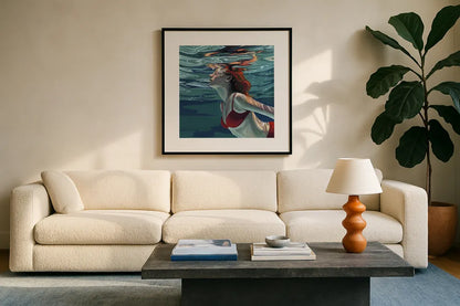 Swimming To The Surface by Kate Jarvik Birch. Displayed in a glass frame with matte in a clean modern living room. Available as an archival giclee rolled canvas, fine art paper, or poster print. SKU 98537a.