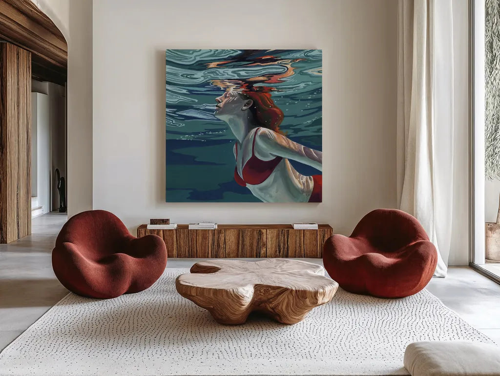 Swimming To The Surface by Kate Jarvik Birch. Shown as extra-large giant wall art in a modern living room. Available as an archival giclee rolled canvas, fine art paper, or poster print. SKU 98537a.