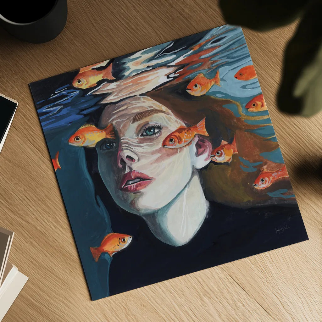 Swimming With The Fishies by Kate Jarvik Birch. Shown as a detailed flat fine art print, highlighting archival giclee quality. Available as an archival giclee rolled canvas, fine art paper, or poster print. SKU 98538a.