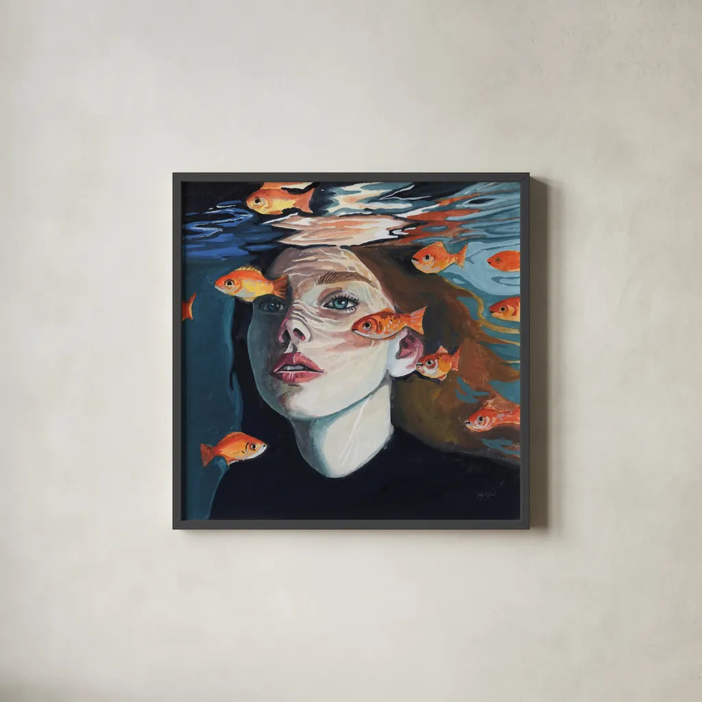 Swimming With The Fishies by Kate Jarvik Birch. Shown in a sleek black glass frame for a contemporary gallery look. Available as an archival giclee rolled canvas, fine art paper, or poster print. SKU 98538a.