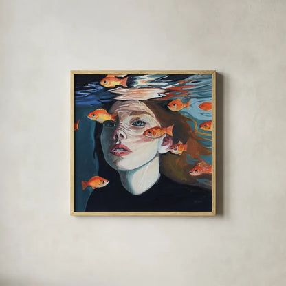 Swimming With The Fishies by Kate Jarvik Birch. Shown in a natural wood glass frame for a timeless modern aesthetic. Available as an archival giclee rolled canvas, fine art paper, or poster print. SKU 98538a.