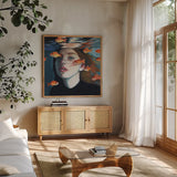 Swimming With The Fishies by Kate Jarvik Birch. Shown in a natural wood frame in a cozy modern living room. Available as an archival giclee rolled canvas, fine art paper, or poster print. SKU 98538a.