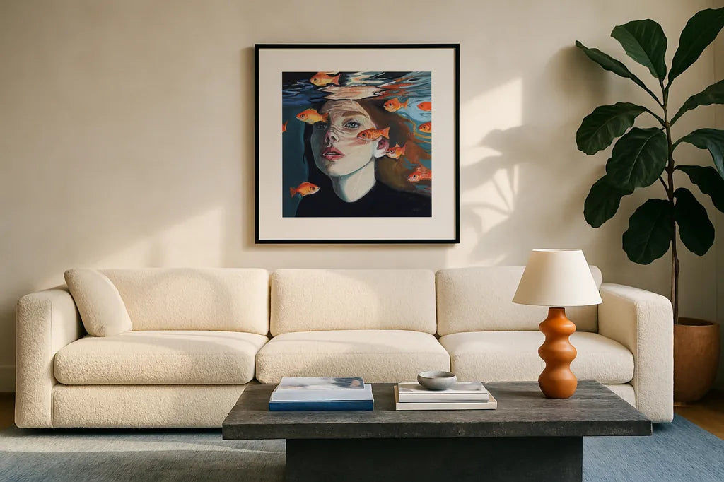 Swimming With The Fishies by Kate Jarvik Birch. Displayed in a glass frame with matte in a clean modern living room. Available as an archival giclee rolled canvas, fine art paper, or poster print. SKU 98538a.
