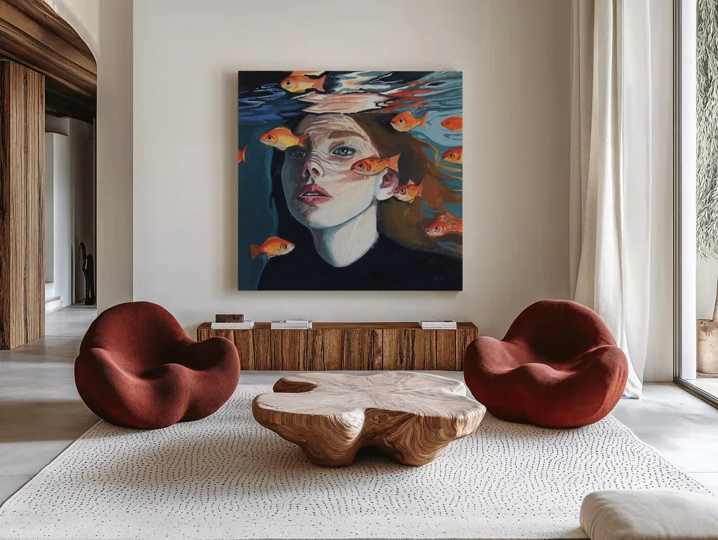 Swimming With The Fishies by Kate Jarvik Birch. Shown as extra-large giant wall art in a modern living room. Available as an archival giclee rolled canvas, fine art paper, or poster print. SKU 98538a.