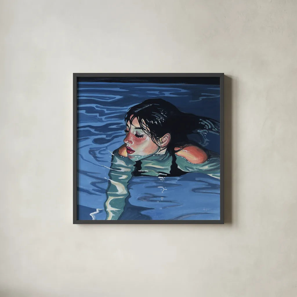 Swimming in Evening Glow by Kate Jarvik Birch. Shown in a sleek black glass frame for a contemporary gallery look. Available as an archival giclee rolled canvas, fine art paper, or poster print. SKU 98609a.