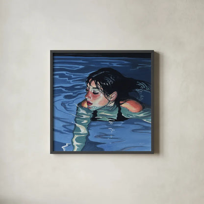 Swimming in Evening Glow by Kate Jarvik Birch. Shown in a sleek black glass frame for a contemporary gallery look. Available as an archival giclee rolled canvas, fine art paper, or poster print. SKU 98609a.